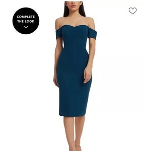 NWT Dress the Population Bailey Off-the-Shoulder Sheath Midi Dress Peacock Blue